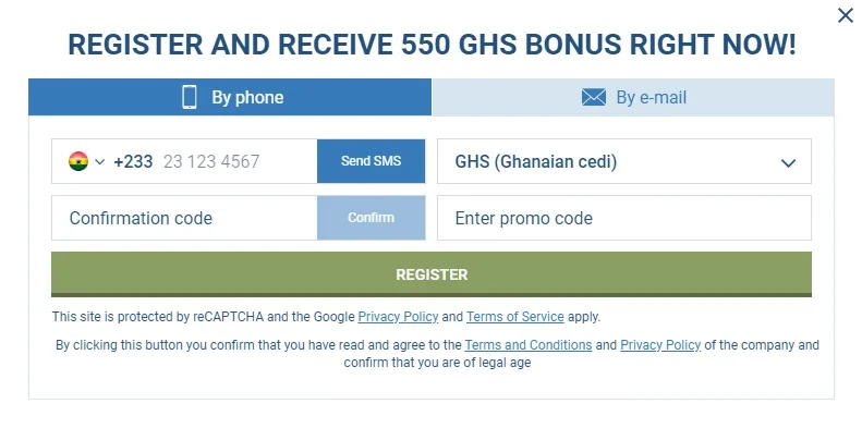 1xbet registration Ghana